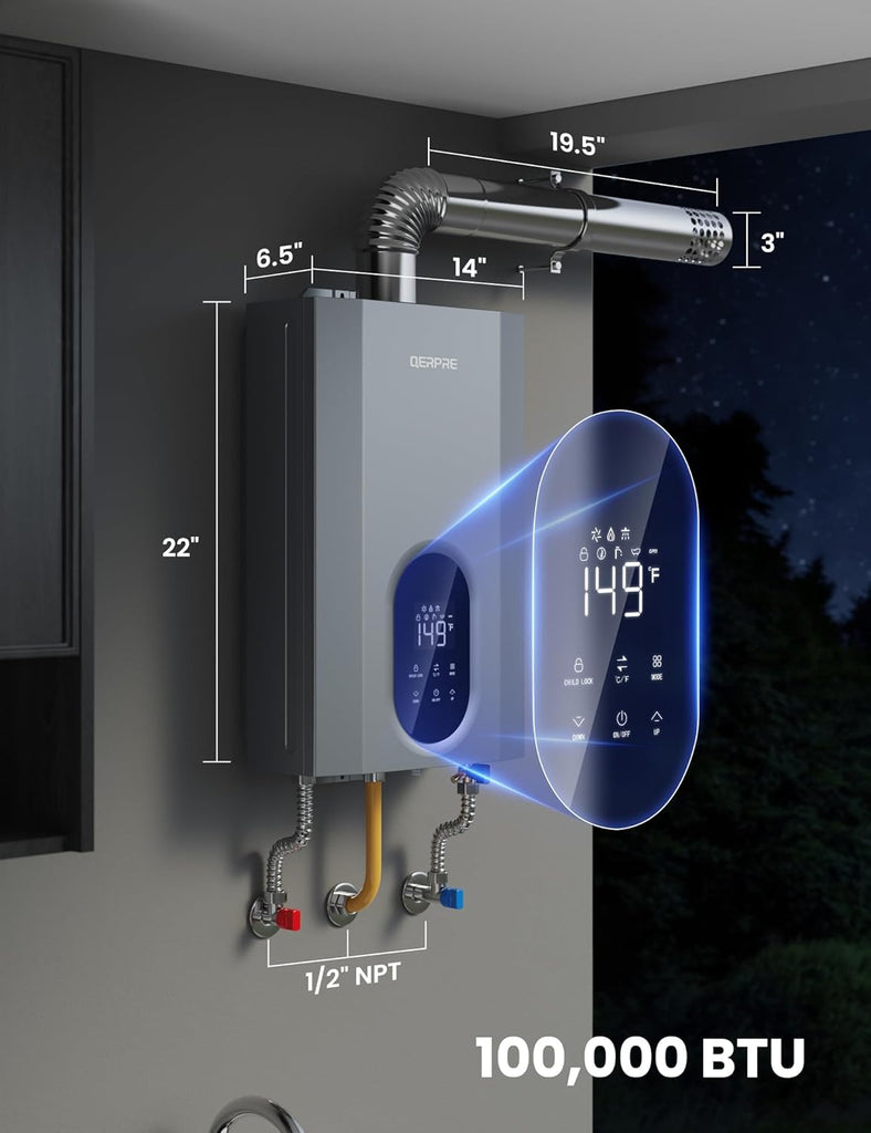 Tankless Water Heater Natural Gas, Indoor Max 4.3 GPM, 100, 000 BTU, Instant Hot Water Heater for Home, Apartment