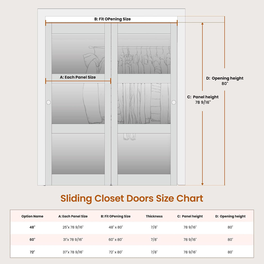 Sliding Closet Door, 72"×80"(Double Barn Doors 37"), Double Frosted 3 Panel Glass Sliding Door with Hardware Kit, Pre-Drilled Door Panel, Need to Assemble, MDF with PVC Surface, White