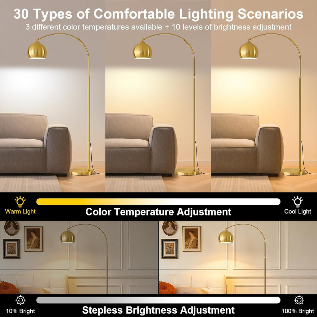Brushed Gold Arc Floor Lamp 71" Tall, Dimmable 12W LED Smart Standing Lamp with Remote