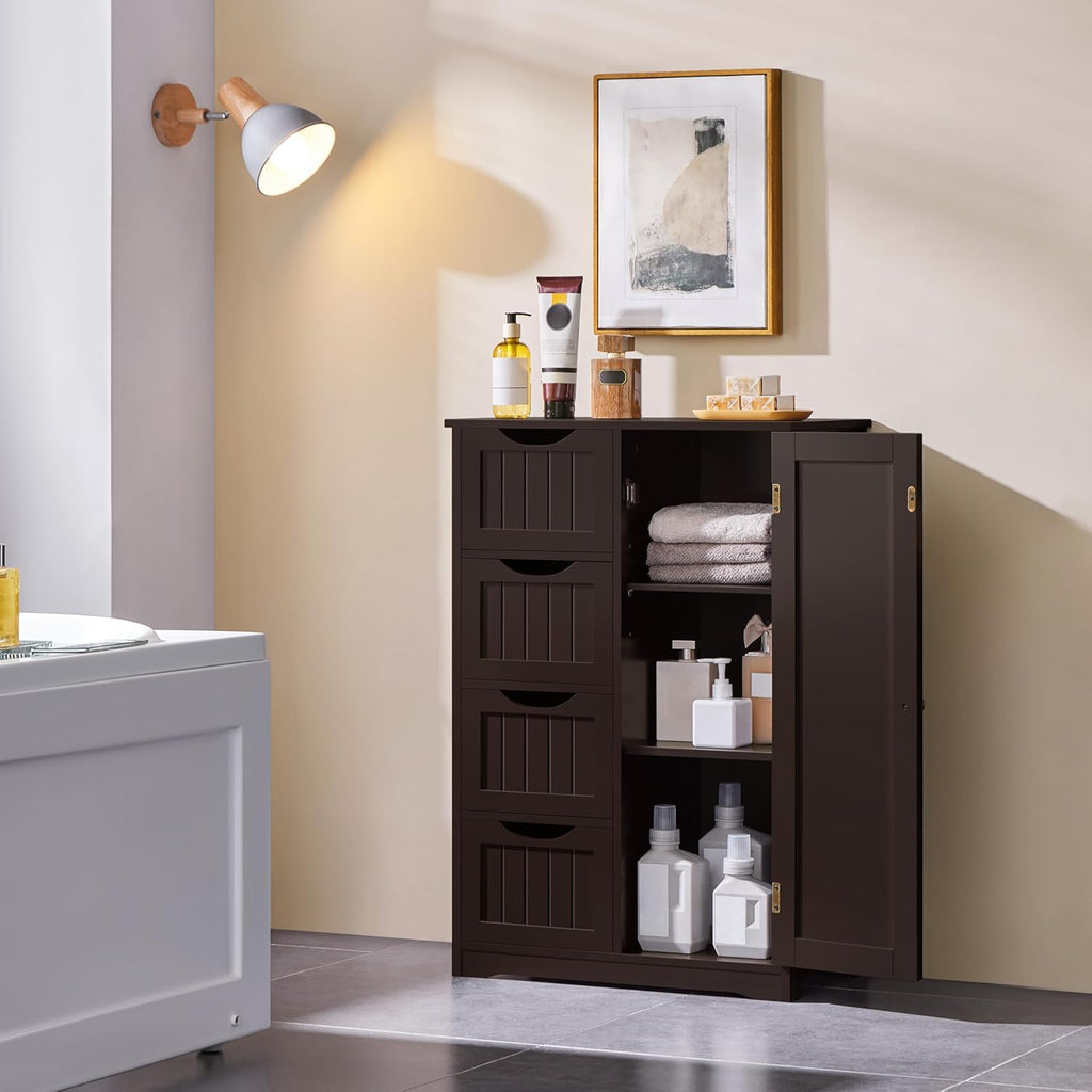 Small Bathroom Storage Cabinet with 4 Drawers & Door, Espresso | Floor Cabinet Organizer , 3-Position Adjustable