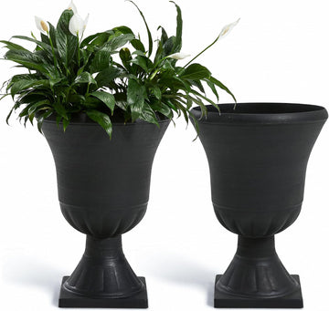 2-Pack Plastic Urn Planters for Outdoor Plants, 22'' Black Tall Round Classic Resin Traditional Flower Pots - 15 in.