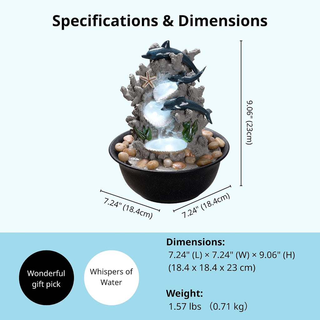 Indoor Tabletop Dolphin Water Fountain with LED Light - Ocean Theme Desk Decor and River Rocks, Relaxing Sound