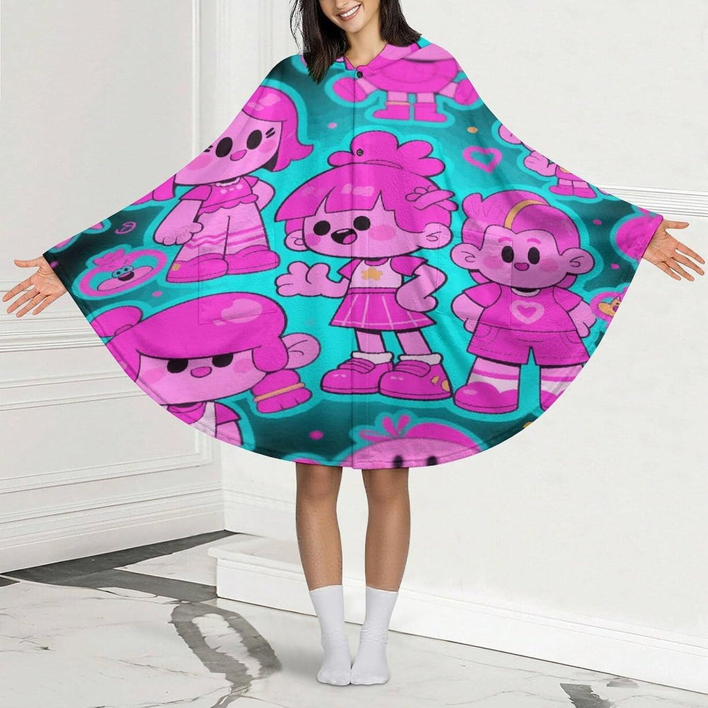 Cartoon Print Wearable Blanket Hoodie Flannel Hooded Blanket