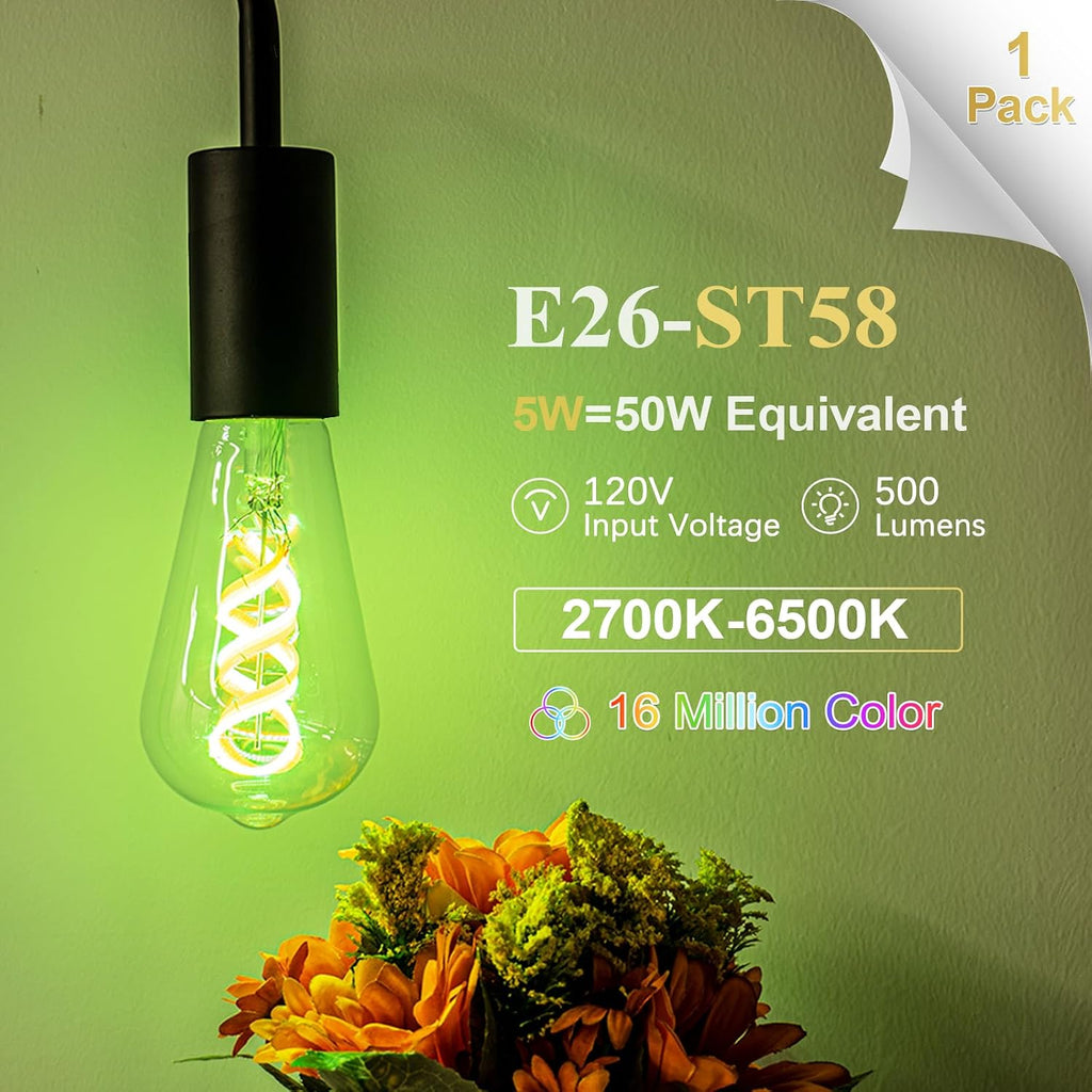 Smart Edison Bulb ST19, Color Changing WiFi Smart Light Bulb, 2700K-6500K Tunable via App, ST58 Edison Bulb