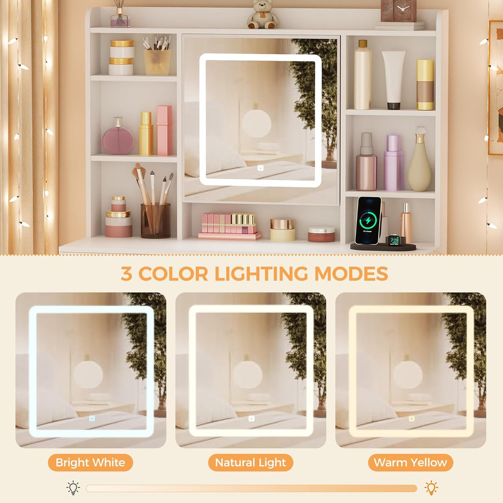 Vanity Desk with Jewelry Storage,Power Outlet and Cushioned Stool | Makeup Vanity Table with Smart LED Mirror,3