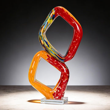 18.5′′ Hand Blown Glass Sculpture Abstract Geometric Loop Art, Murano Style Swirled Glas Contemporary Centerpiece
