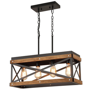 Rustic Farmhouse Wood Kitchen Island Lighting, 4 Lights Rectangular Pendant Light Fixture, Adjustable Chain Oak Wood