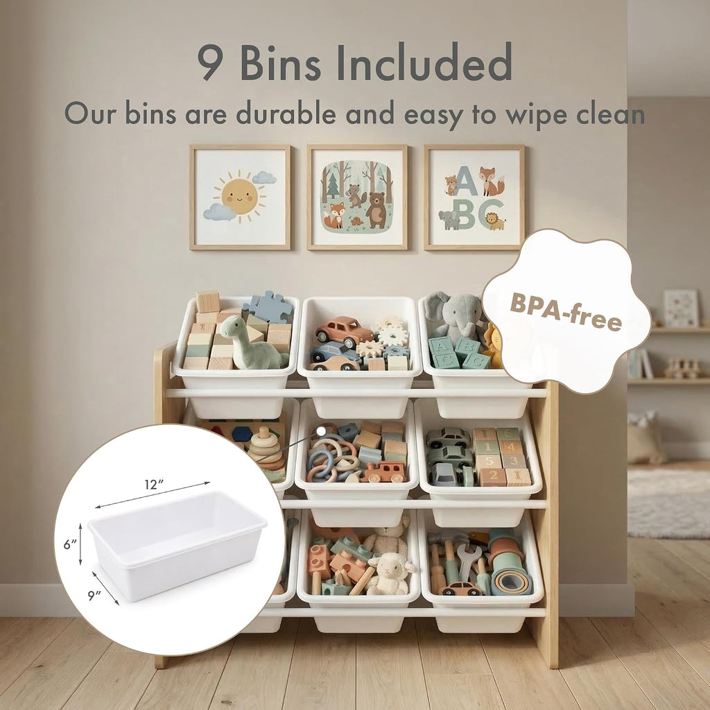 Kids Toy Organizer with 9 Bins, 3 Tier Storage | Sturdy wood and steel toddler shelf, removable BPA-free containers