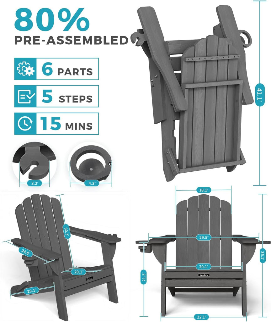 Folding Adirondack Chair, All-Weather HDPE Plastic Patio Chair with 2 Cup Holders, Wooden Textured Lawn Chair
