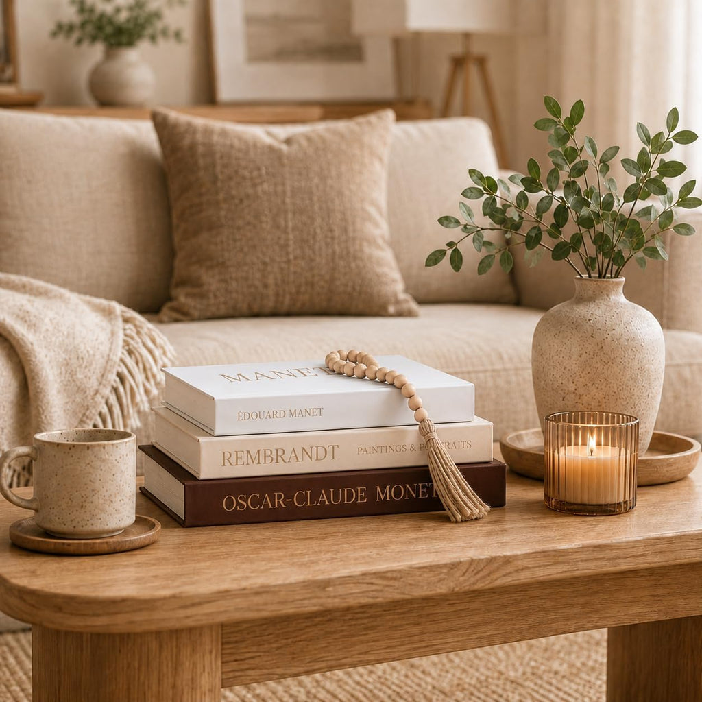 Decorative Books Decor, Set of 3 Linen Faux Books with 1 Natural Wood Bead Jute Tassel