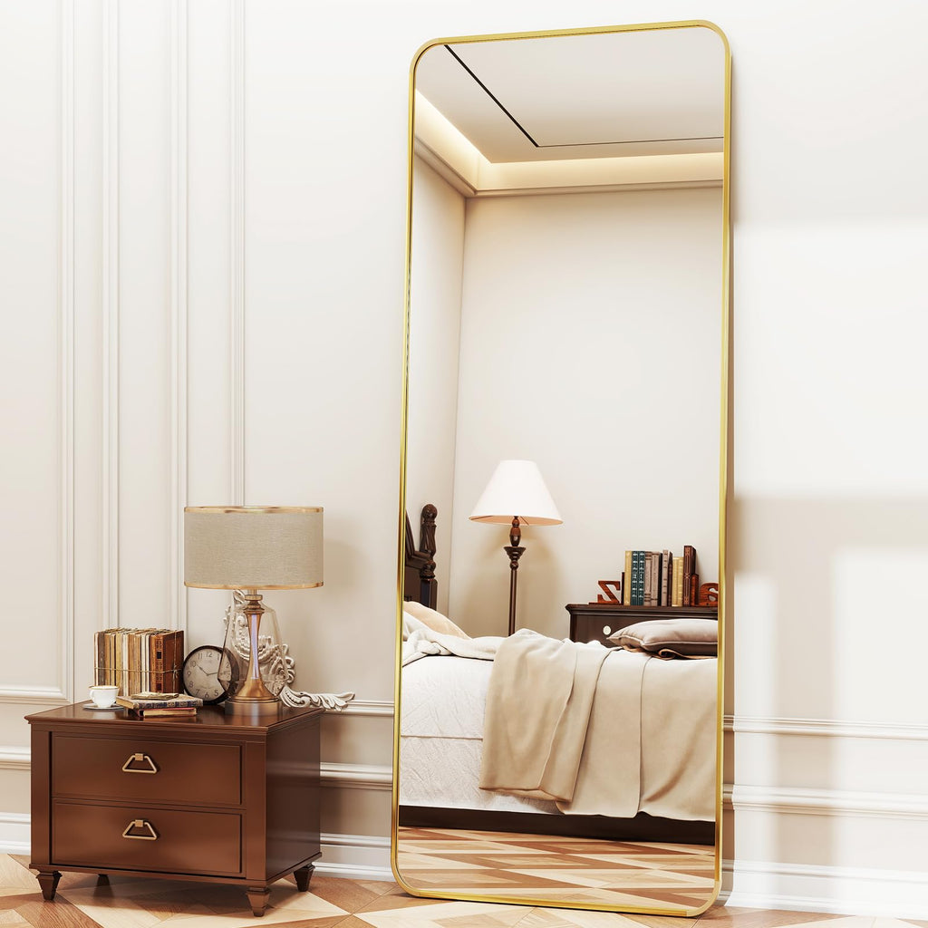 Full Length Mirror 23"x66", Large Floor Mirror with Rectangle Rounded Corners, Gold Aluminum Alloy Frame, Wall Mirror