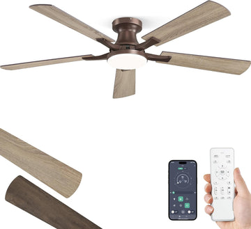 52 Inch Ceiling Fan with Light, App&Remote Control, Flush Mount Low Profile, Dimmable 20W LED Light, Quiet Reversible Motor for Bedroom, Living Room, Apartment, Brown