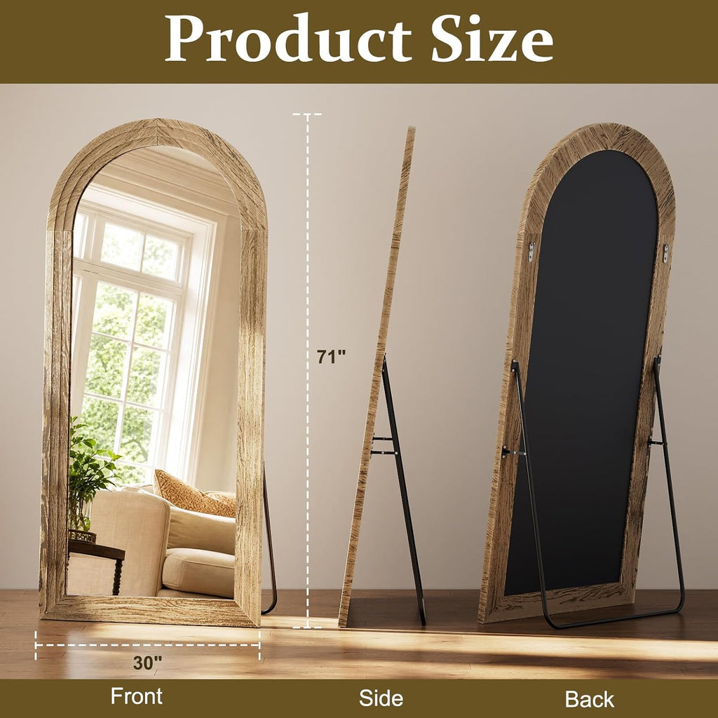 Full Length Mirror 71" x 30", Arched Large Floor Mirror with Solid Wood Frame, Freestanding & Wall Mounted