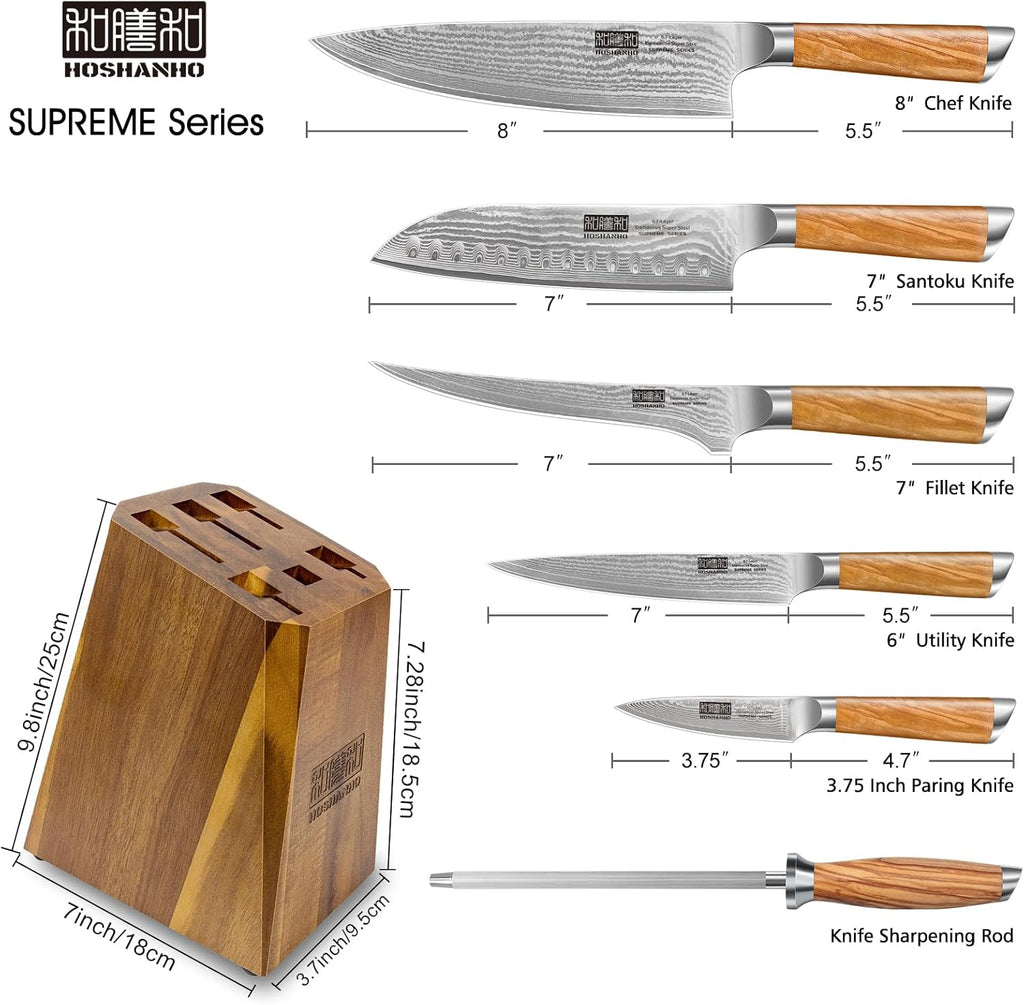 Damascus Knife Block Set 7PCS, Sharp Kitchen Knives with Sharpener | Professional Chef Knife Set | Japanese Super