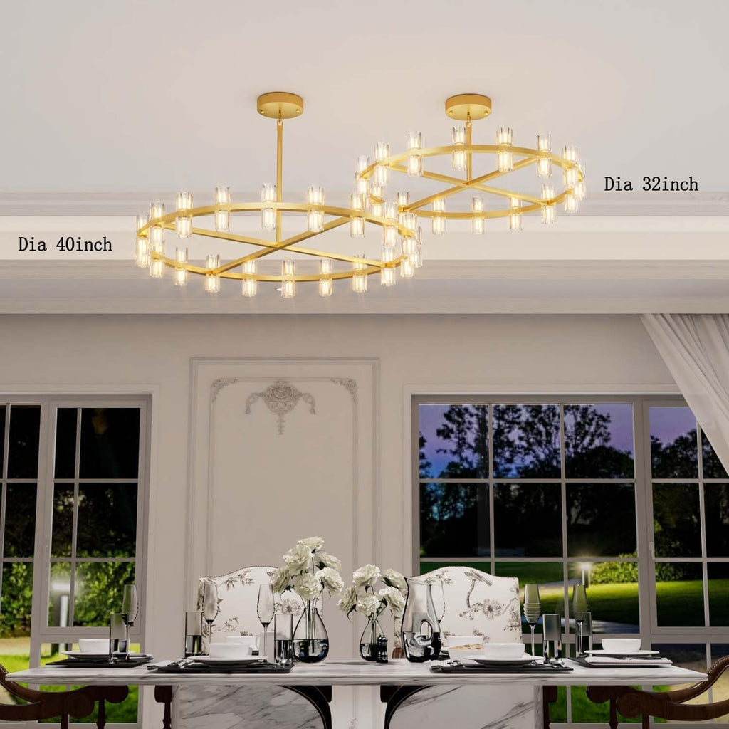 Inspired Arcachon Style Round Wagon Wheel Chandelier, 32" 32-Light Gold — Foyer, Dining & Living Room