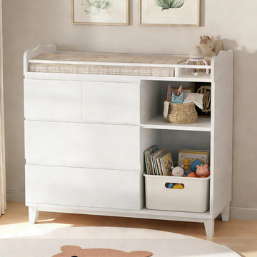 Baby Changing Table Top, Multi-Functional Nursery Changing Table, 4 Drawers with 2 Open Shelves, Bedroom, White
