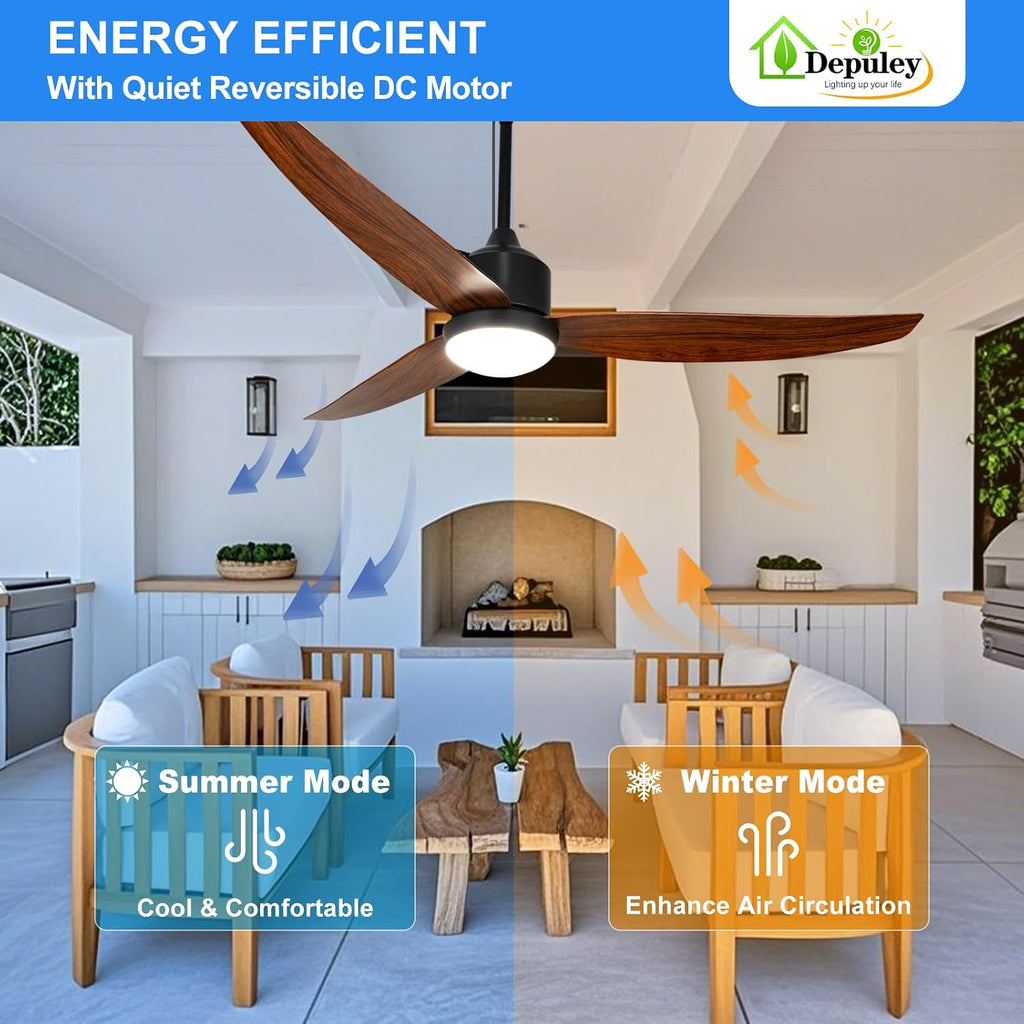 52 Inch Walnut Waterproof Gazebo Fans with Lights Outdoor Hanging - Plug in Fan for Patios - Dimmable Remote App Control