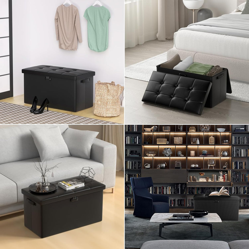 Storage Ottoman Bench with Lock,Fireproof 30 Inches Folding Bench Foot Rest Stool Storage Chest Safe ,Waterproof