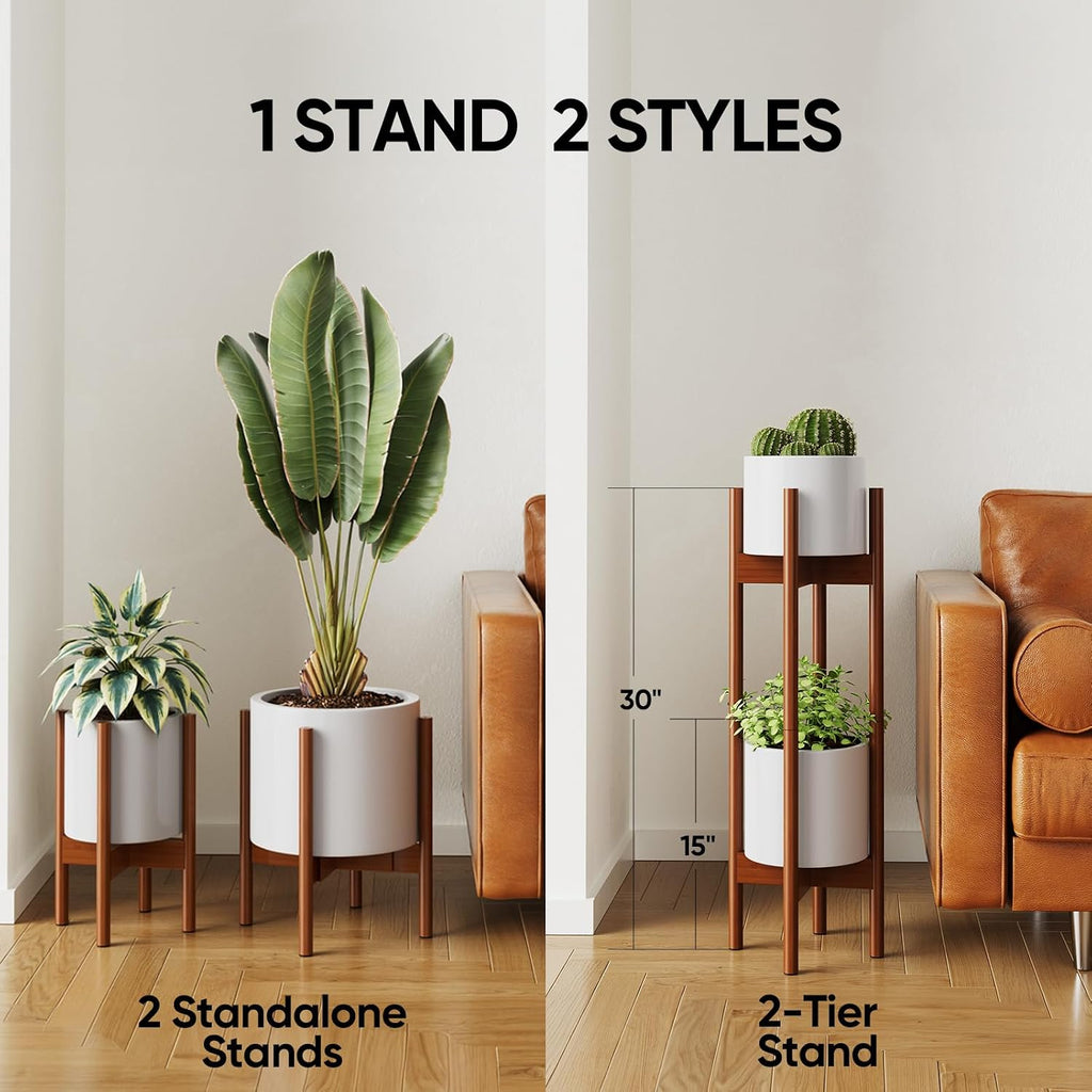 2 Pack Indoor Plant Stands, 2 Tier Tall Plant Stand 30 inches, Mid Century Bamboo Plant Stand, Adjustable Width 8