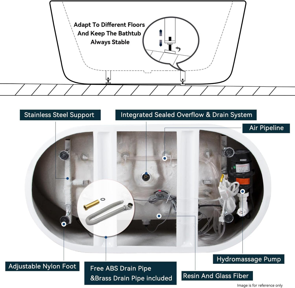 Mauritius 59 Inch Acrylic Freestanding Whirlpool Bathtub, Oval with 8 Air Water SPA Jets Morden White Stand Alone