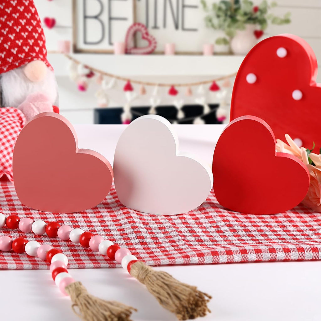Valentines Decorations Wooden Heart Sign Classic White Pink Red Decor Shelf Mantel Fireplace Table Windowsill - Set of 6