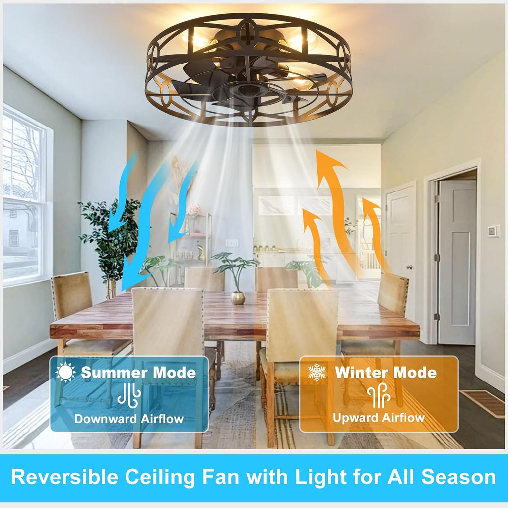 Flush Mount Ceiling Fan: 20" Caged Ceiling Fans with Remote Control - Low Profile Fandelier Lights Fixture Reversible