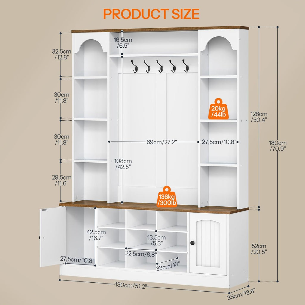 Hall Tree with Bench and Shoe Storage, 51" Entryway Bench with Coat Rack, Farmhouse Entryway Organizer with 5 Hooks