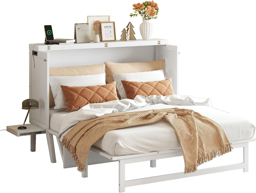 Queen Murphy Bed with Desk and Removable Shelves on Each Side,Solid Pine Cabinet Bedframe for Home Office, Guest
