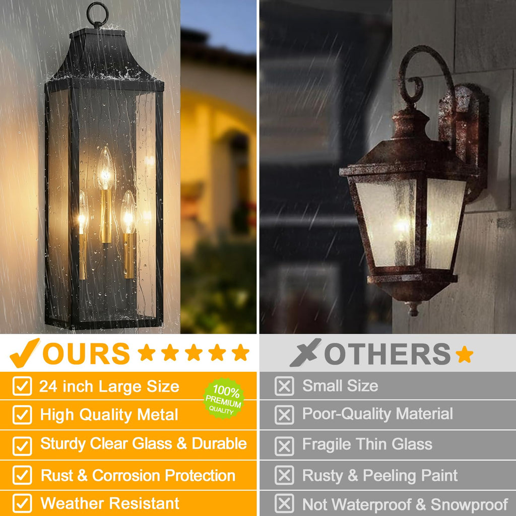 24" Extra Large Outdoor Wall Lights 2-Pack, Black Outside Wall Sconce