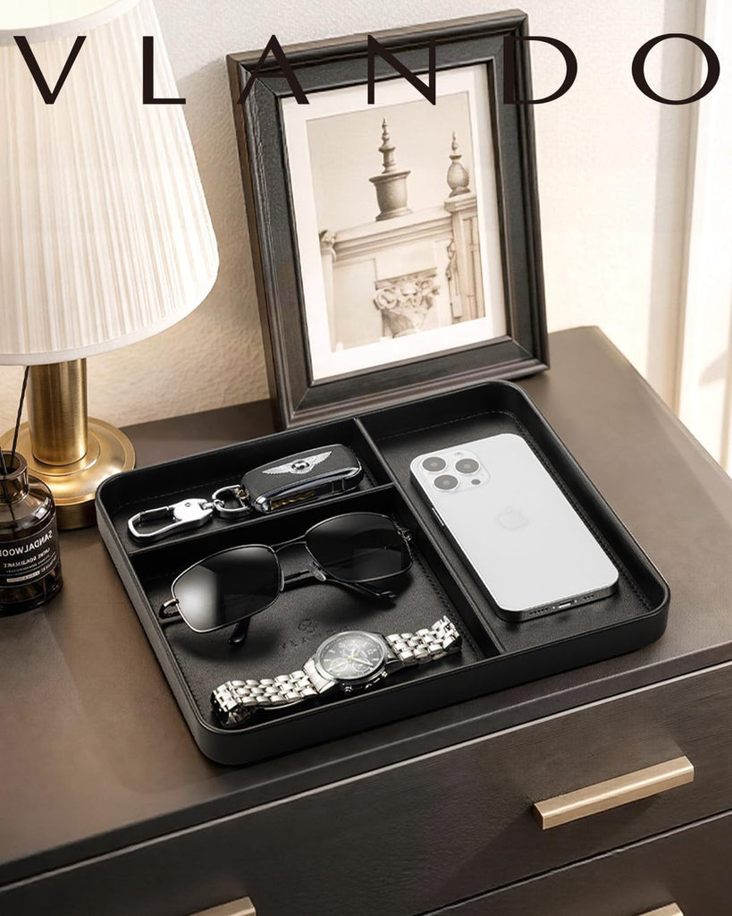 Valet Tray, PU Leather Nightstand Organizer with Divider