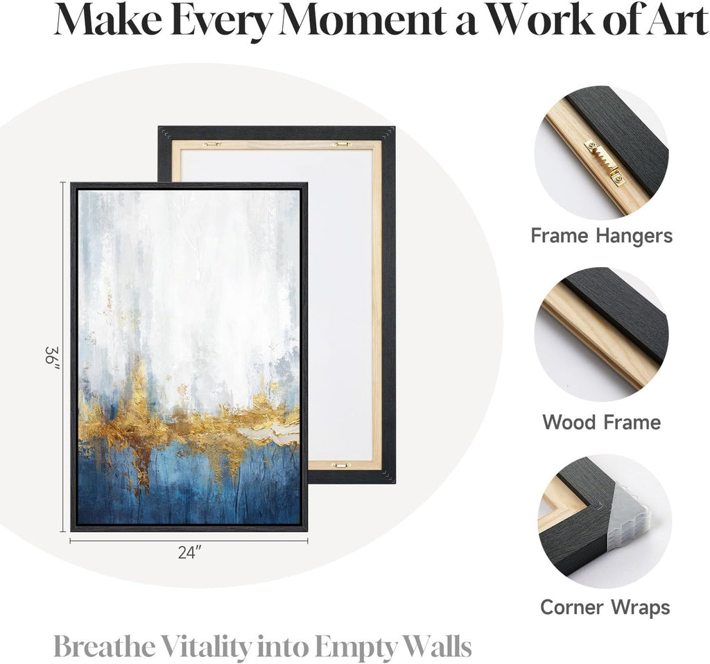 Framed Blue and White Abstract Wall Art , Set of 2 Large Gold Modern Luxury Canvas Artwork for Walls, Contemporary