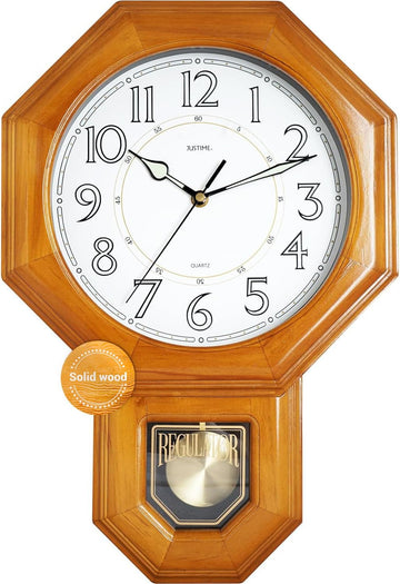 Traditional Luminous Schoolhouse Solid Wood Pendulum Wall Clock Chimes Hourly with Westminster Melody Chime Made in Taiwan (Natural Wood...