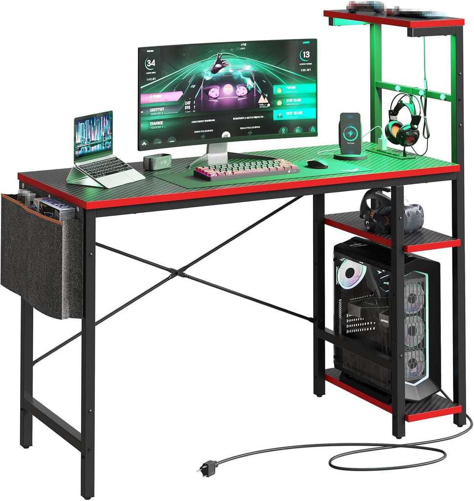 Gaming Desk with Power Outlets, 44 Inch Led Gamer Desk with 4 Tiers Reversible Shelves, PC Gaming Table with Headset