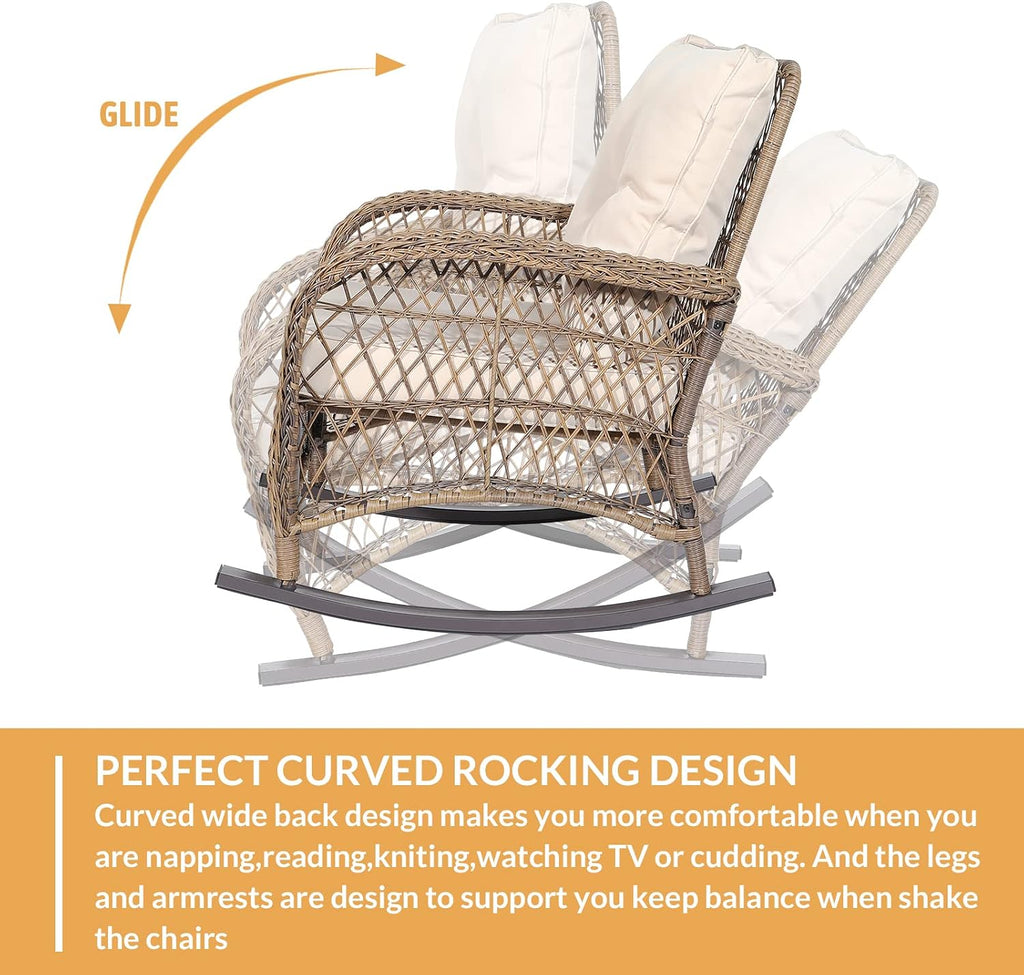 Outdoor Wicker Rocking Chair with Thickened Cushions, All-Weather Rattan Patio Rocking Chairs, Rocker Wicker Chair