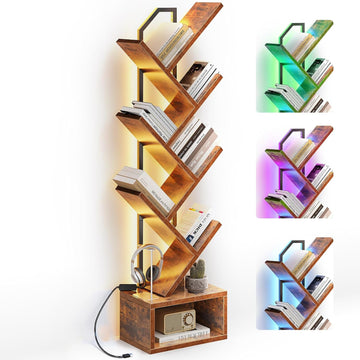 Tree Bookshelf with LED Lights, 6-Tier Narrow Bookcase for Small Spaces, Tall Steel & Wood Storage Shelf with Cabinet
