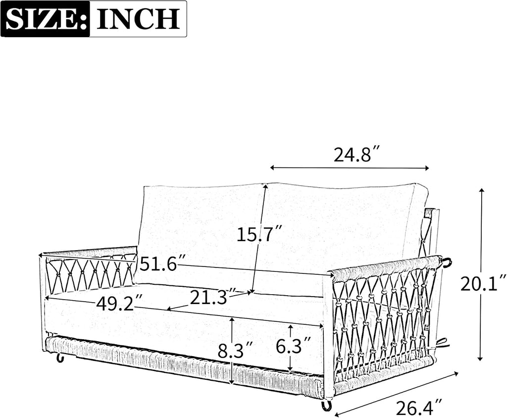 51.6" Porch Swing Bed with Cushions, 2-Person Patio Swing Bench, PE Wicker Outdoor Hanging Seat with Woven Rattan