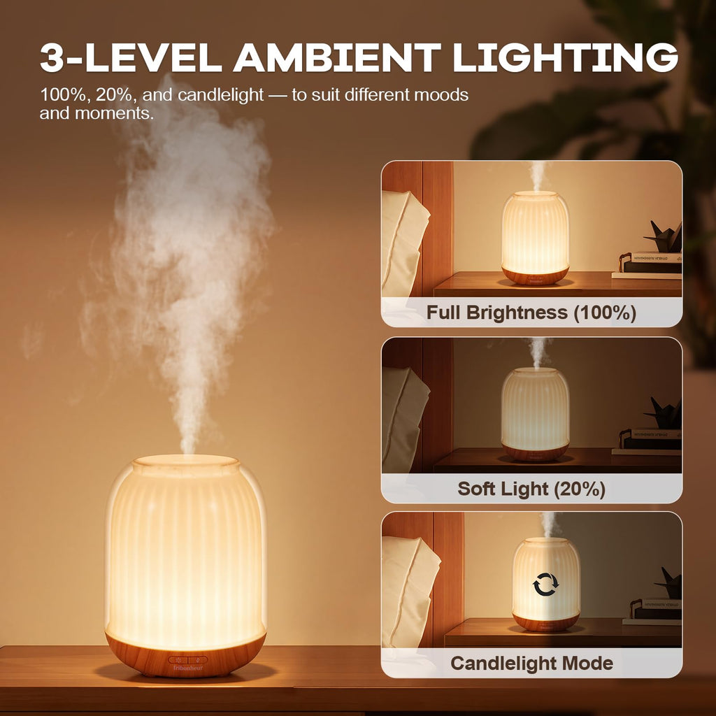 Essential Oil Diffuser with Night Lamp | 120ml USB Portable Aroma Diffuser with Wood-Grain Base & Glass-Look Cover