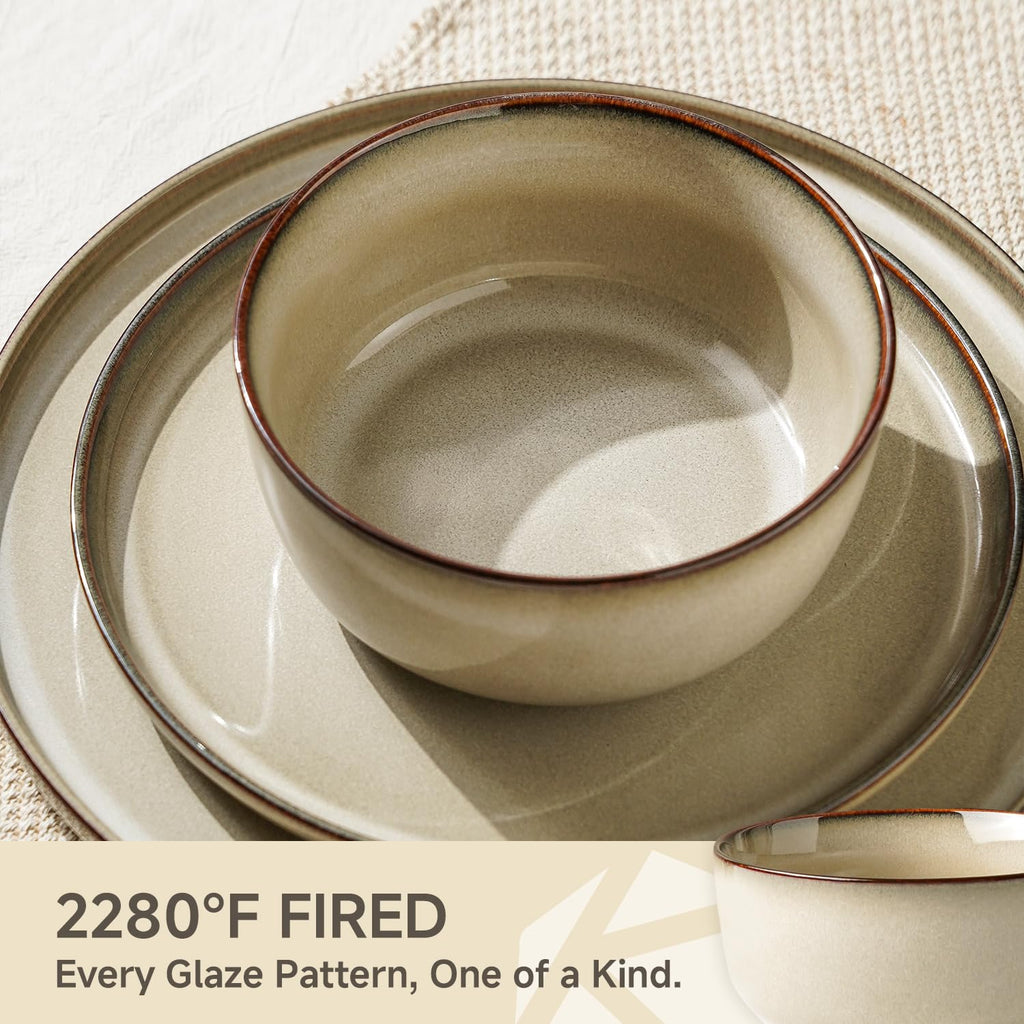 Stoneware Dinnerware Sets for 6, Reactive Glaze, Beige