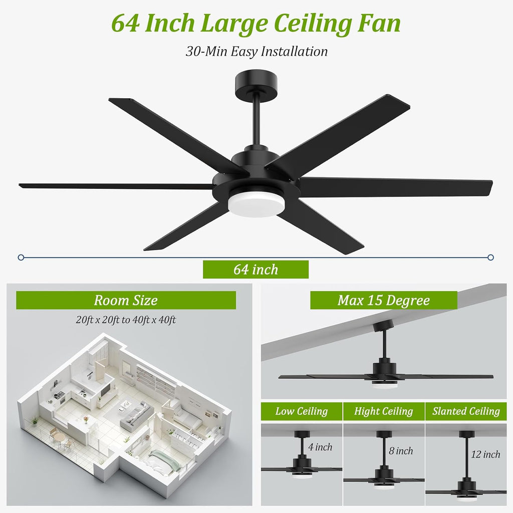 64 inch Ceiling Fans with Lights and Remote&APP,Industrial Ceiling Fan Reversible Quiet DC Motor, 6 Speed 3 CCT Dimiable, Modern Large Ceiling Fan for Living Room Farmhouse Patios Outdoor Gazebo Black