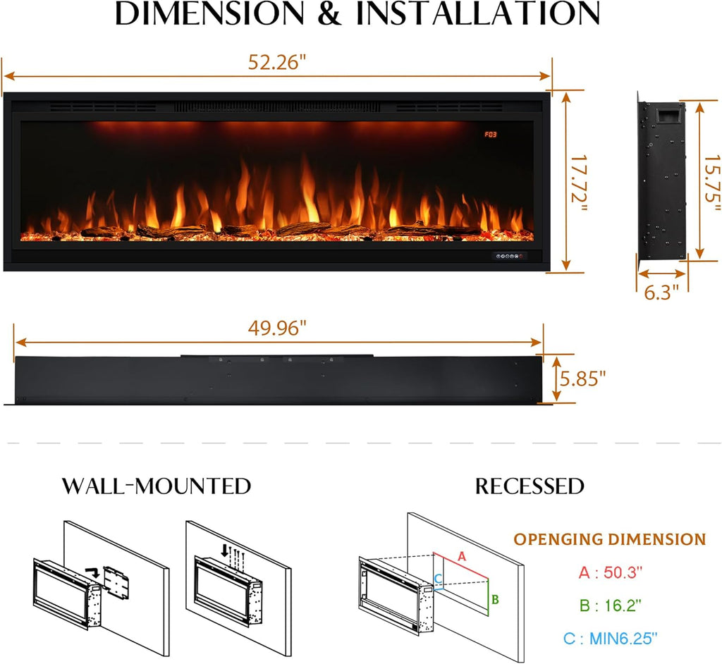 Smart 50 inch WiFi-Enabled Electric Fireplace Inserts, Wall Mount & in Wall recessed Fireplace Heater