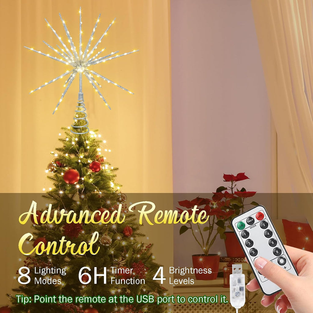 15-Inch Starburst Christmas Tree Topper with 150 LEDs & Remote, Silver