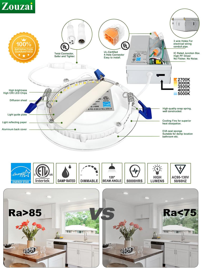 12 Pack 4 Inch LED Recessed Ceiling Light, 9W=60W, 5CCT, Dimmable