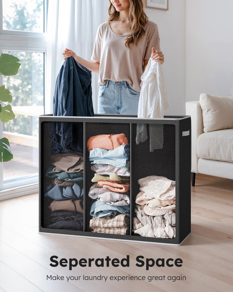 180L Laundry Hamper 3 Section, Extra Large Laundry Hamper with Lid, Dirty Clothes Hamper with Sturdy Handle, Large