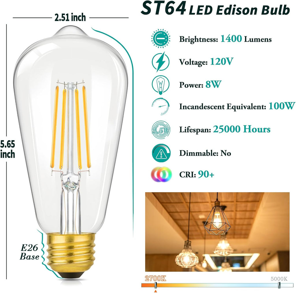 4-Pack Vintage 8W ST64 LED Edison Light Bulbs 100W Equivalent, 1400LM E26 Light Bulbs, 2700K Warm White, Antique