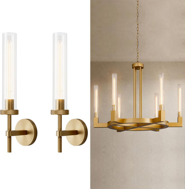 Inspired Cannele Style Farmhouse Chandelier with Glass Tube, Gold 6-Lights Wagon Wheel Chandeliers,Gold sconces Wall Lighting, 19" Knurling Brass Wall Sconces Set of Two