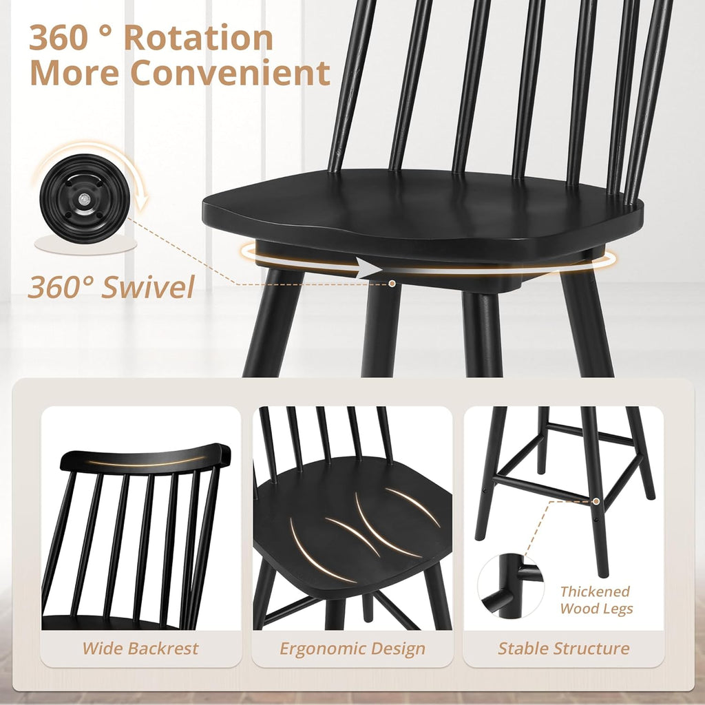 360° Swivel Bar Stools Set of 3, Black Windsor Barstools, Counter Height Barstool with Spindle Back, 24 inch