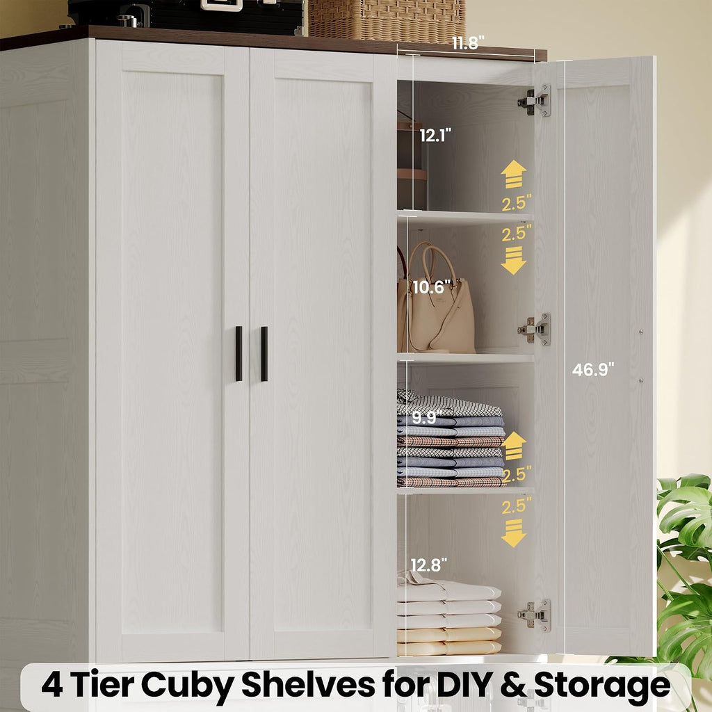 3-Door Armoire Wardrobe Closet with 2 Drawers and Shelves, White | Modern Farmhouse Style / Hanging Rod / Adjustable