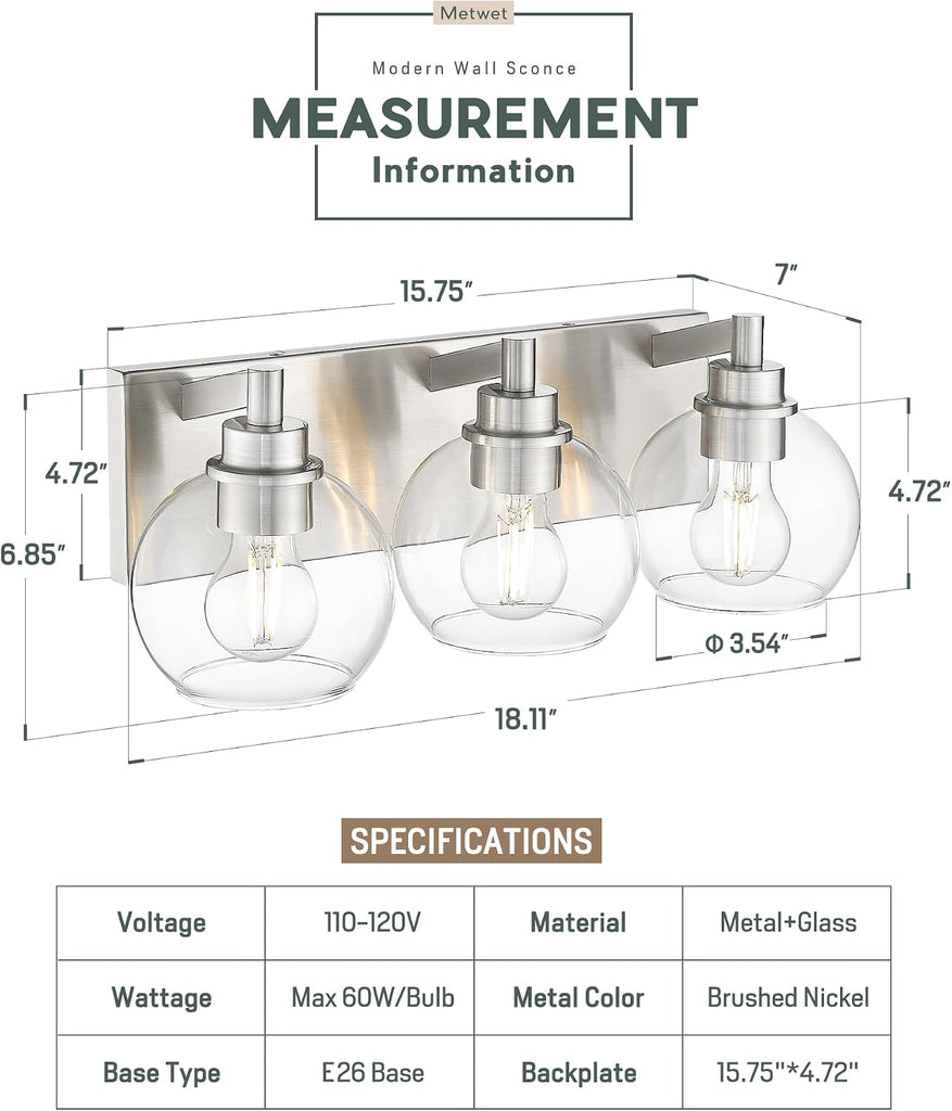 Bathroom Light Fixtures, 3-Light Brushed Nickel Vanity Light, Modern Wall Sconces with Globe Clear Glass Shade