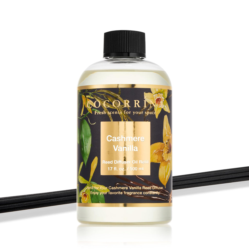 Reed Diffuser Refill Cashmere Vanilla 17oz (500ml) with 8 Rattan Sticks - Premium Long-Lasting Essential Oil, Home