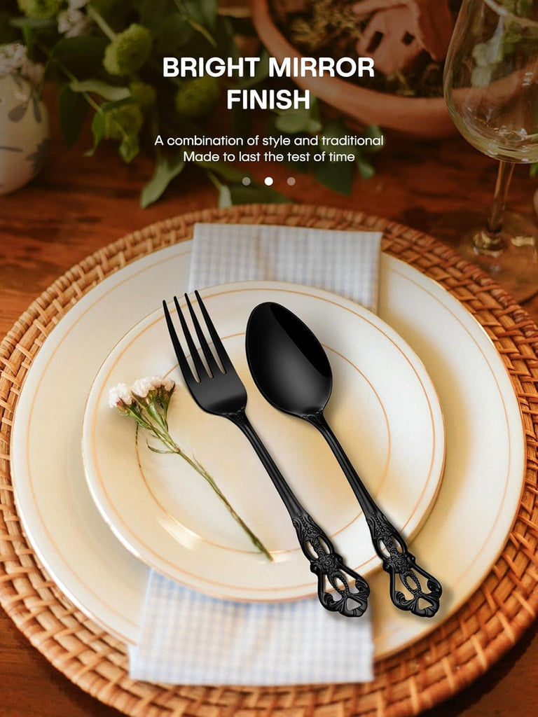 48 Pieces Black Silverware Set with Steak Knives, Gorgeous Retro Royal Silverware Set for 8